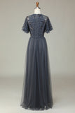 A-Line Tylle Beaded Long Grey brudepike kjole med Appliques