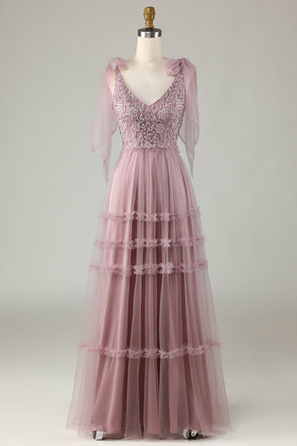 Tyll V-hals støvete rosa brudepike kjole med perler