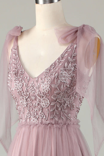 Tyll V-hals støvete rosa brudepike kjole med perler