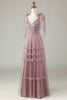 Load image into Gallery viewer, Tyll V-hals støvete rosa brudepike kjole med perler