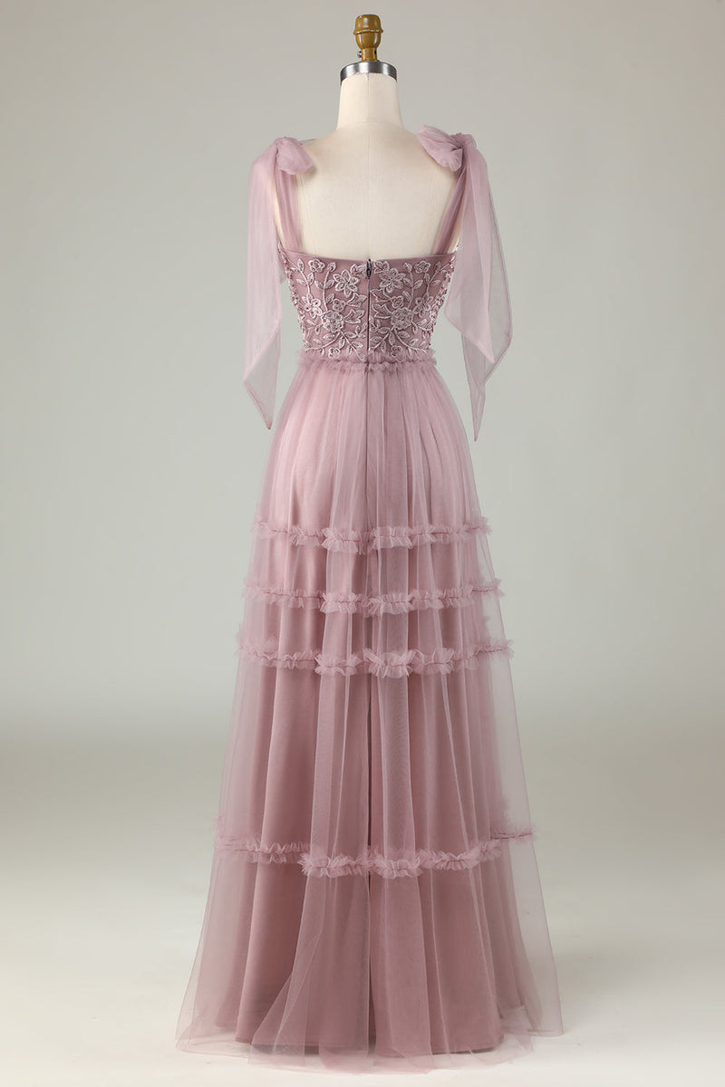 Load image into Gallery viewer, Tyll V-hals støvete rosa brudepike kjole med perler