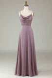 Certifiably Chic A Line Spaghetti stropper Dusty Pink Long brudepike kjole med Beaded