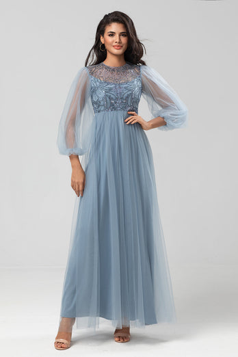 Chic Romantisk A Line Jewel Neck Grey Blue Long brudepike kjole med lange ermer