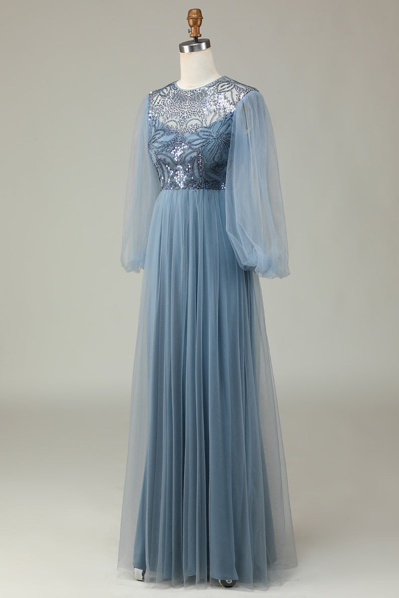 Load image into Gallery viewer, En linje grå blå paljett lange ermer brudepike kjole