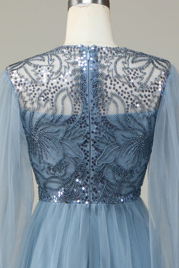 En linje grå blå paljett lange ermer brudepike kjole