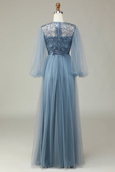 En linje grå blå paljett lange ermer brudepike kjole