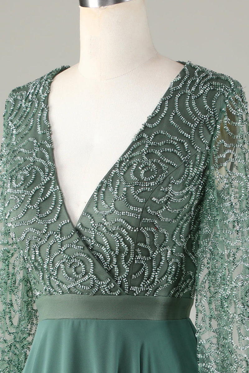Load image into Gallery viewer, En linje eukalyptus V-hals beaded lange ermer brudepike kjole