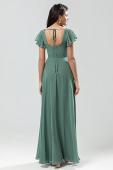 A-Line Grønn Long Bridesmaid kjole med Ruffles