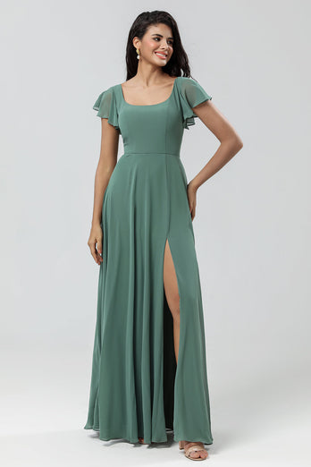 A-Line Grønn Long Bridesmaid kjole med Ruffles