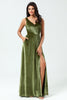 Load image into Gallery viewer, V-Neck ermeløs A Line Olive Velvet brudepike kjole med Slit