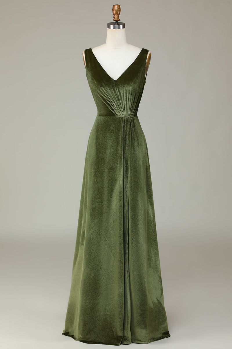 Load image into Gallery viewer, V-Neck ermeløs A Line Olive Velvet brudepike kjole med Slit