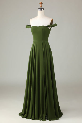 A-Line Off The Shoulder Olive brudepike kjole med Slit