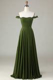 Av skulderen A Line Olive Bridesmaid kjole med Slit