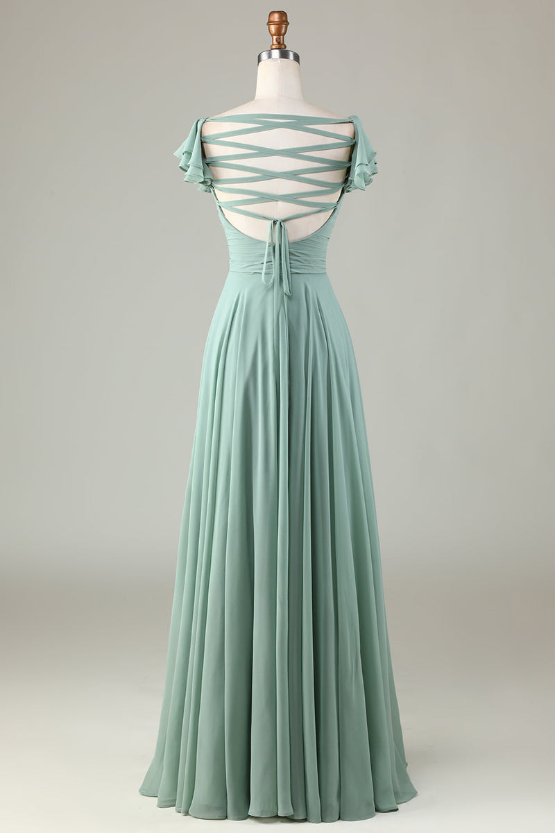 Load image into Gallery viewer, Lace-Up Back Matcha brudepike kjole med volanger