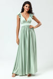 Deep V-Neck A Line Green Long Bridesmaid Dress med Ruffles