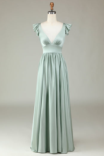 Deep V-Neck A Line Green Long Bridesmaid Dress med Ruffles