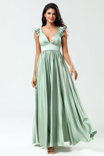 Deep V-Neck A Line Green Long Bridesmaid Dress med Ruffles