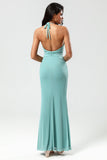 Mermaid Halter Green Long Bridesmaid Dress med V-hals