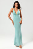 Mermaid Halter Green Long Bridesmaid Dress med V-hals