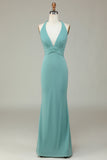 Mermaid Halter Green Long Bridesmaid Dress med V-hals