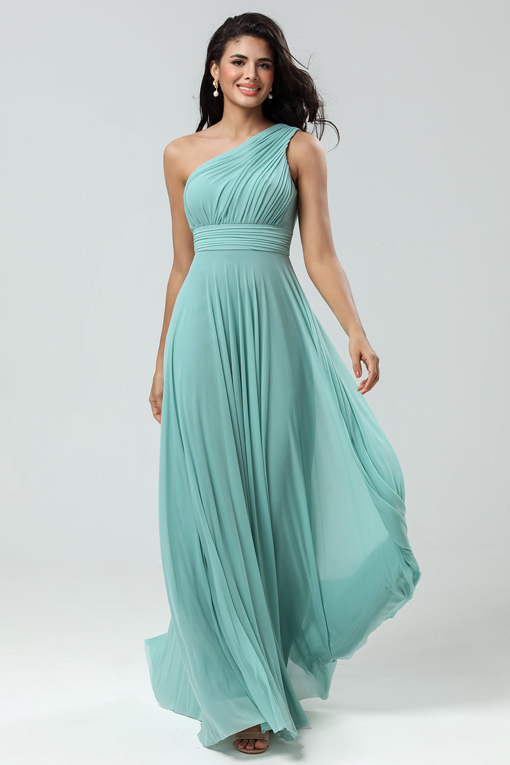 Stunning A Line One Shoulder Sea Glass Long brudepike kjole med Ruched