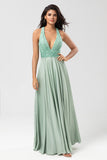 Never-Ending A Line V-Neck Matcha Long Bridesmaid Dress med Beading