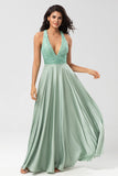 Never-Ending A Line V-Neck Matcha Long Bridesmaid Dress med Beading