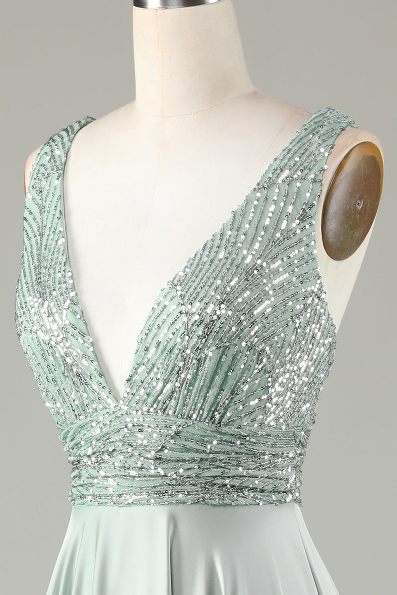 Load image into Gallery viewer, Sparkly V-Neck Matcha brudepike kjole med paljetter