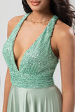 Never-Ending A Line V-Neck Matcha Long Bridesmaid Dress med Beading