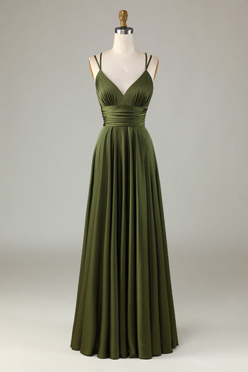 A-Line ermeløs oliven lang brudepike kjole