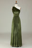 Load image into Gallery viewer, Fløyel en skulder oliven brudepike kjole