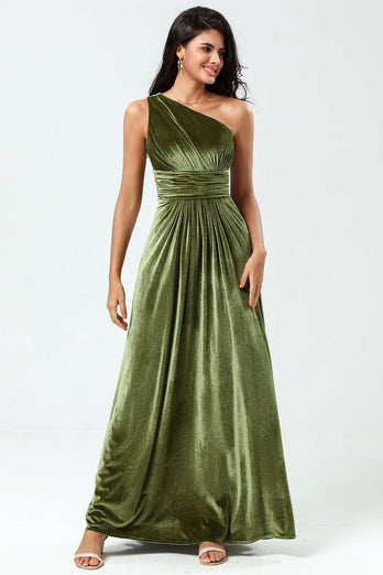 Drømmer om eleganse En linje En skulder Olive Velvet Long brudepike kjole