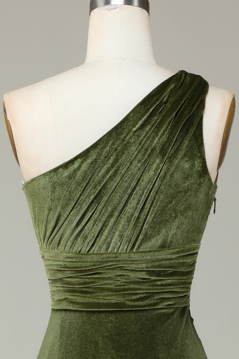 Load image into Gallery viewer, Fløyel en skulder oliven brudepike kjole