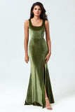 Fortryllende romantisk havfrue Square Neck Olive Long brudepike kjole med Slit