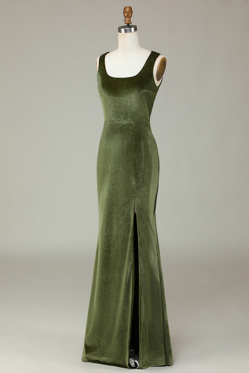 Load image into Gallery viewer, Velvet havfrue oliven brudepike kjole med Slit