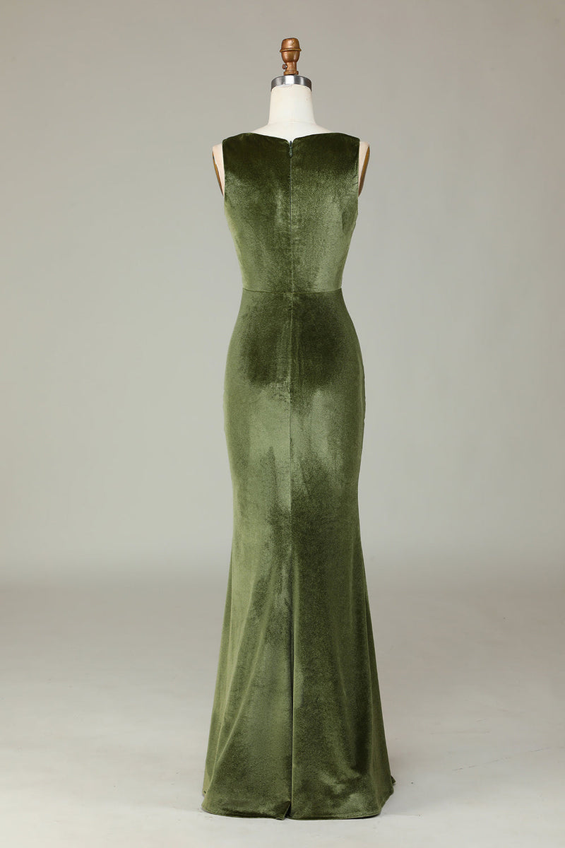 Load image into Gallery viewer, Velvet havfrue oliven brudepike kjole med Slit