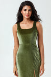 Fortryllende romantisk havfrue Square Neck Olive Long brudepike kjole med Slit