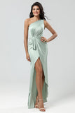 Chic Romantisk One Shoulder Matcha brudepike kjole med Ruffles