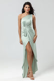 Chic Romantisk One Shoulder Matcha brudepike kjole med Ruffles