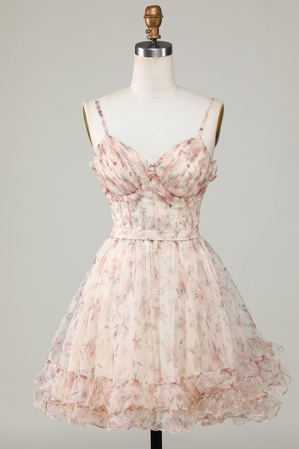 Champagne A-Line Korsett Floral Kort Homecoming Dress