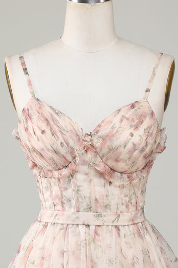 Champagne A-Line Korsett Floral Kort Homecoming Dress