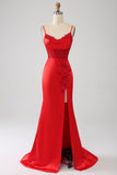 Satin Mermaid Beaded Red Prom kjole med Slit