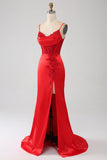 Satin Mermaid Beaded Red Prom kjole med Slit