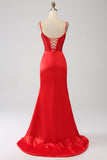 Satin Mermaid Beaded Red Prom kjole med Slit