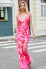Load image into Gallery viewer, Sparkly Mermaid Deep V Neck Fuchsia paljetter Long Prom Kjole med Appliques