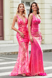 Sparkly Mermaid Deep V Neck Fuchsia paljetter Long Prom Kjole med Appliques