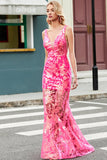 Sparkly Mermaid Deep V Neck Fuchsia paljetter Long Prom Kjole med Appliques