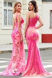 Sparkly Mermaid Deep V Neck Fuchsia paljetter Long Prom Kjole med Appliques