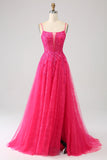 Fuchsia A-Line Korsett Blonder Long Prom Kjole med Slit