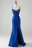 Beaded Royal Blue Corset Prom kjole med Slit